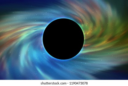 Light Blue, Green vector cover with a black hole, nebula. Colorful illustration of a black hole on a starry backdrop. Backdrop for Black Friday promotions.