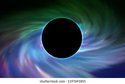 Light Blue, Green vector cover with a black hole, nebula. Abstract illustration with glitter colorful cosmic stars. Backdrop for super sales on Black Friday.