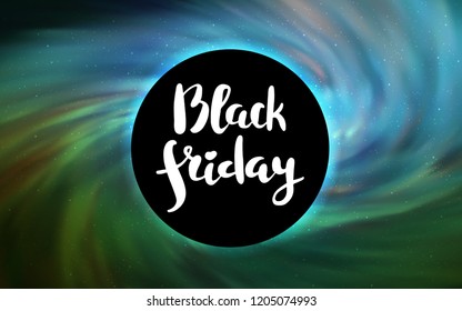 Light Blue, Green vector cover with a black hole, nebula. Illustration with colorful milky way stars and a black hole. Backdrop for Black Friday promotions.