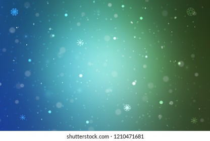 Light Blue, Green vector cover with beautiful snowflakes. Snow on blurred abstract background with gradient. New year design for your business advert.