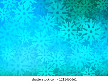 Light Blue, Green vector cover with beautiful snowflakes. Blurred decorative design in xmas style with snow. The pattern can be used for year new  websites.