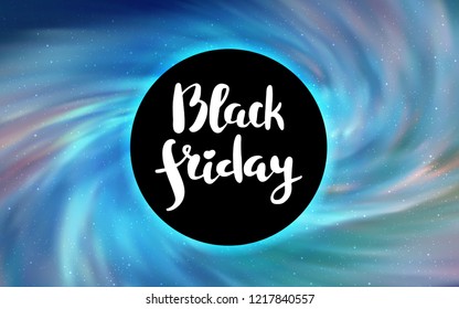 Light Blue, Green vector cover with a black hole, nebula. Abstract illustration with glitter colorful cosmic stars. Backdrop for ads, leaflets of Black Friday.