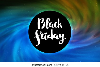 Light Blue, Green vector cover with a black hole, nebula. Abstract illustration with glitter colorful cosmic stars. Backdrop for Black Friday promotions.