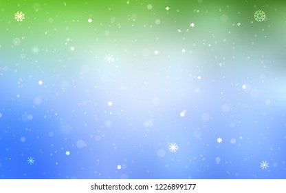 Light Blue, Green vector cover with beautiful snowflakes. Snow on blurred abstract background with gradient. The template can be used as a new year background.