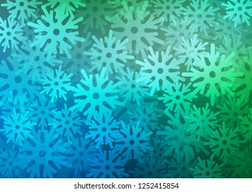 Light Blue, Green vector cover with beautiful snowflakes. Decorative shining illustration with snow on abstract template. The template can be used as a new year background.