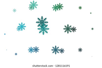 Light Blue, Green vector cover with beautiful snowflakes. Decorative shining illustration with snow on abstract template. New year design for your business advert.