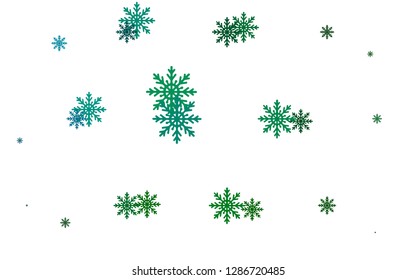 Light Blue, Green vector cover with beautiful snowflakes. Blurred decorative design in xmas style with snow. The pattern can be used for year new  websites.