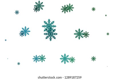Light Blue, Green vector cover with beautiful snowflakes. Decorative shining illustration with snow on abstract template. The pattern can be used for year new  websites.