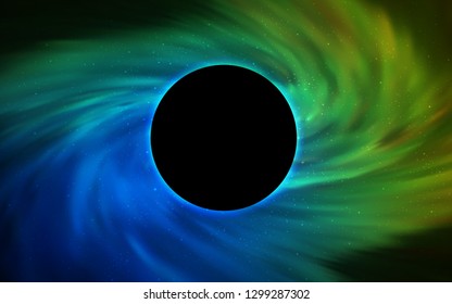 Light Blue, Green vector cover with a black hole, nebula. Colorful black hole with shining night sky stars. Backdrop for ads, leaflets of Black Friday.