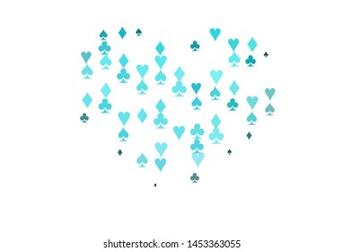 Light Blue, Green vector cover with symbols of gamble. Colorful gradient with signs of hearts, spades, clubs, diamonds. Pattern for ads of parties, events in Vegas.