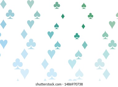 Light Blue, Green vector cover with symbols of gamble. Colored illustration with hearts, spades, clubs, diamonds. Pattern for booklets, leaflets of gambling houses.