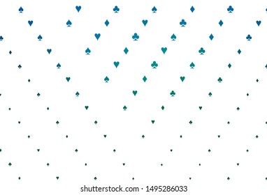 Light Blue, Green vector cover with symbols of gamble. Blurred decorative design of hearts, spades, clubs, diamonds. Template for business cards of casinos.