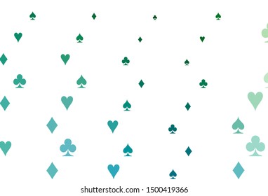 Light Blue, Green vector cover with symbols of gamble. Shining illustration with hearts, spades, clubs, diamonds. Pattern for booklets, leaflets of gambling houses.