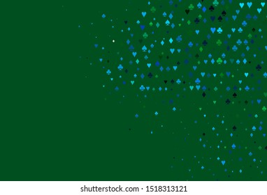 Light Blue, Green vector cover with symbols of gamble. Colored illustration with hearts, spades, clubs, diamonds. Pattern for ads of parties, events in Vegas.