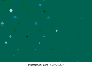 Light Blue, Green vector cover with symbols of gamble. Glitter abstract sketch with isolated symbols of playing cards. Pattern for booklets, leaflets of gambling houses.
