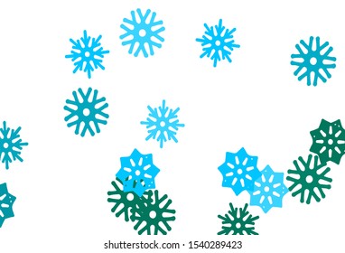 Light Blue, Green vector cover with beautiful snowflakes. Blurred decorative design in xmas style with snow. The template can be used as a new year background.