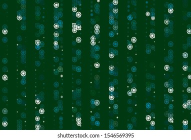 Light Blue, Green vector cover with beautiful snowflakes. Blurred decorative design in xmas style with snow. The pattern can be used for new year leaflets.