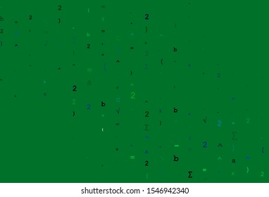 Light Blue, Green vector cover with math elements. Abstract illustration with colored algebra signs. Pattern for ads, poster, banner of books.