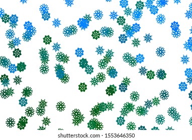 Light Blue, Green vector cover with beautiful snowflakes. Decorative shining illustration with snow on abstract template. The pattern can be used for new year leaflets.