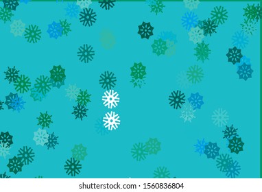 Light Blue, Green vector cover with beautiful snowflakes. Decorative shining illustration with snow on abstract template. New year design for your business advert.