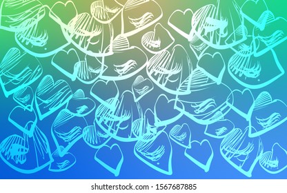 Light Blue, Green vector cover with Shining hearts. Decorative shining illustration with hearts on abstract template. Beautiful design for your business advert of anniversary.