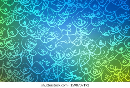 Light Blue, Green vector cover with cuisine gourmet. Illustration with set of fresh food in doodle style. Pattern for ads of breakfast, lunch, dinner.