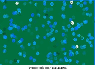 Light Blue, Green vector cover with beautiful snowflakes. Snow on blurred abstract background with gradient. New year design for your ad, poster, banner.