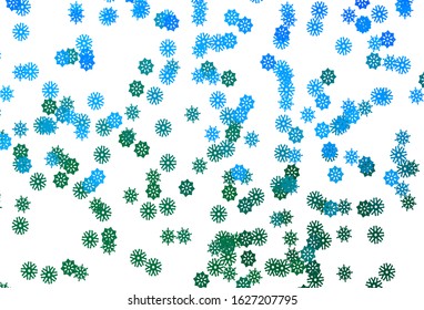 Light Blue, Green vector cover with beautiful snowflakes. Snow on blurred abstract background with gradient. New year design for your ad, poster, banner.