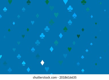 Light Blue, Green vector cover with symbols of gamble. Colorful gradient with signs of hearts, spades, clubs, diamonds. Pattern for booklets, leaflets of gambling houses.