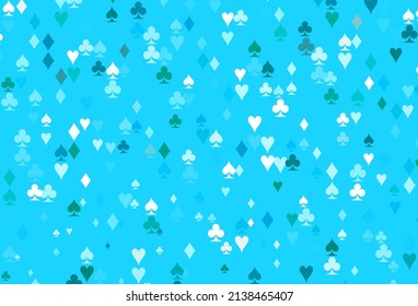 Light Blue, Green vector cover with symbols of gamble. Shining illustration with hearts, spades, clubs, diamonds. Pattern for leaflets of poker games, events.