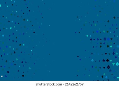 Light Blue, Green vector cover with symbols of gamble. Colored illustration with hearts, spades, clubs, diamonds. Design for ad, poster, banner of gambling websites.