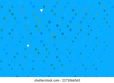 Light Blue, Green vector cover with symbols of gamble. Blurred decorative design of hearts, spades, clubs, diamonds. Pattern for leaflets of poker games, events.