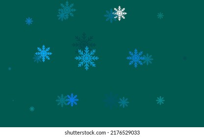 Azul claro, cubierta vectorial verde con hermosos copos de nieve. Ilustración de colores brillantes con nieve al estilo navideño. El patrón se puede usar para anuncios de año nuevo, folletos.