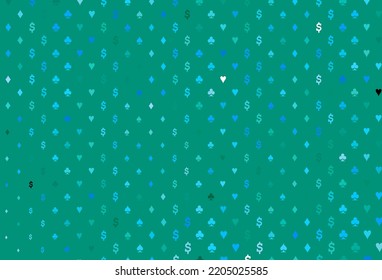 Light blue, green vector cover with symbols of gamble. Colored illustration with hearts, spades, clubs, diamonds. Pattern for booklets, leaflets of gambling houses.
