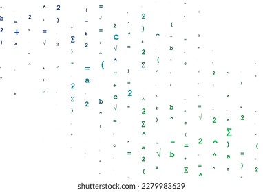 Azul claro, cubierta vectorial verde con elementos matemáticos. Ilustración abstracta con signos de álgebra de color. Patrón de anuncios, afiche, pancarta de libros.