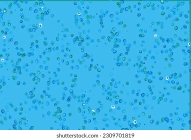 Azul claro, cubierta vectorial verde con manchas. Ilustración abstracta con burbujas de colores al estilo natural. Patrón de agua, caídas de lluvia.