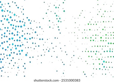 Azul claro, cobertura vetorial verde com símbolos de jogo. Ilustração brilhante com corações, espadas, paus, diamantes. Modelo para cartões de visita de casinos.