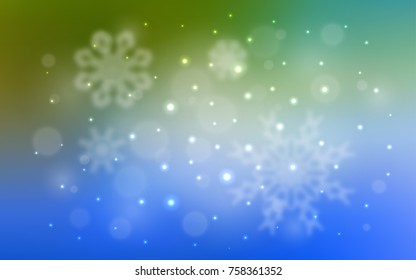 Light Blue, Green vector cover with beautiful snowflakes. Blurred decorative design in xmas style with snow. New year design for your business advert.
