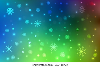 Light Blue, Green vector cover with beautiful snowflakes. Decorative shining illustration with snow on abstract template. New year design for your ad, poster, banner.