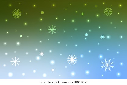 Light Blue, Green vector cover with beautiful snowflakes. Snow on blurred abstract background with gradient. The pattern can be used for new year leaflets.
