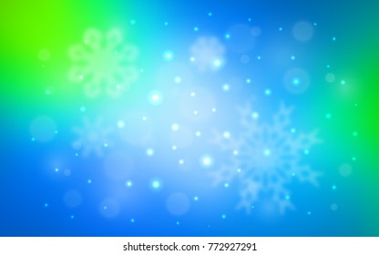 Light Blue, Green vector cover with beautiful snowflakes. Decorative shining illustration with snow on abstract template. New year design for your ad, poster, banner.