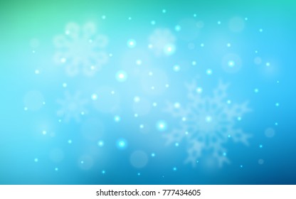 Light Blue, Green vector cover with beautiful snowflakes. Snow on blurred abstract background with gradient. The pattern can be used for new year ad, booklets.