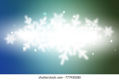 Light Blue, Green vector cover with beautiful snowflakes. Snow on blurred abstract background with gradient. New year design for your ad, poster, banner.