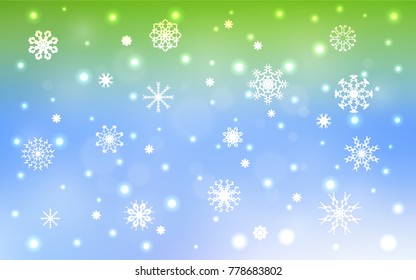 Light Blue, Green vector cover with beautiful snowflakes. Decorative shining illustration with snow on abstract template. The template can be used as a new year background.