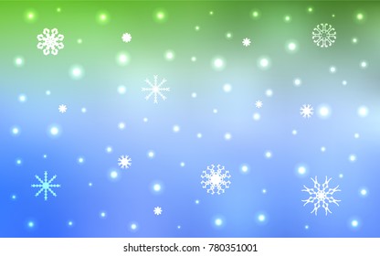 Light Blue, Green vector cover with beautiful snowflakes. Snow on blurred abstract background with gradient. The pattern can be used for new year leaflets.