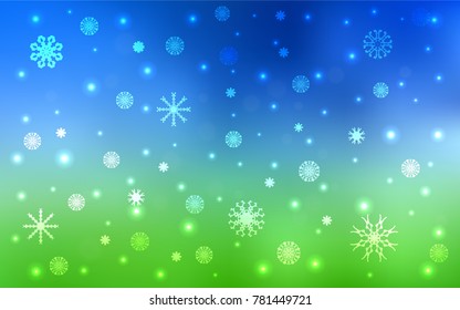 Light Blue, Green vector cover with beautiful snowflakes. Snow on blurred abstract background with gradient. New year design for your ad, poster, banner.
