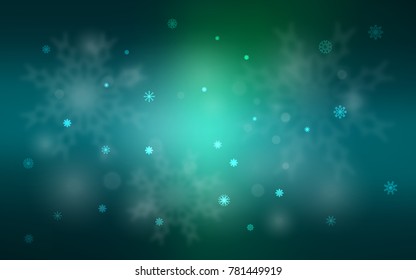Light Blue, Green vector cover with beautiful snowflakes. Decorative shining illustration with snow on abstract template. The pattern can be used for new year ad, booklets.