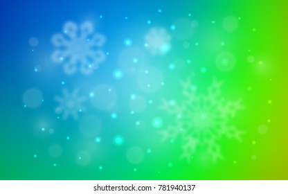 Light Blue, Green vector cover with beautiful snowflakes. Shining colored illustration with snow in christmas style. The pattern can be used for new year ad, booklets.