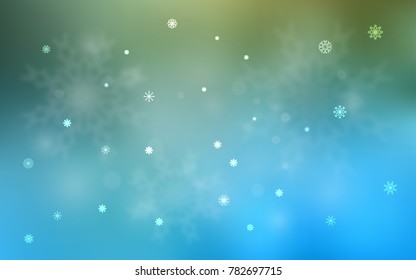 Light Blue, Green vector cover with beautiful snowflakes. Snow on blurred abstract background with gradient. The template can be used as a new year background.