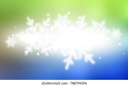 Light Blue, Green vector cover with beautiful snowflakes. Blurred decorative design in xmas style with snow. New year design for your business advert.